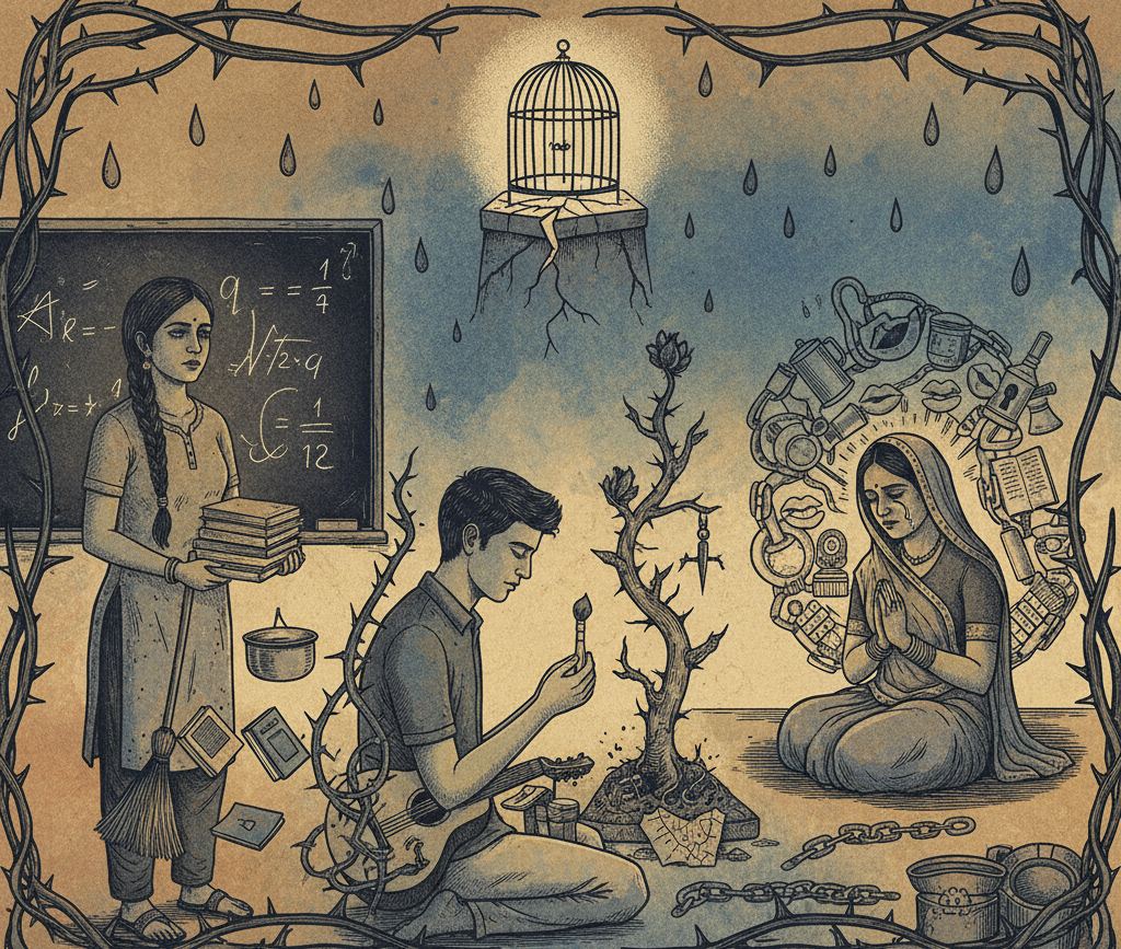 A symbolic representation of sacrifices passed down through generations in an Indian family, possibly depicting hands exchanging an object or an older and younger generation together.