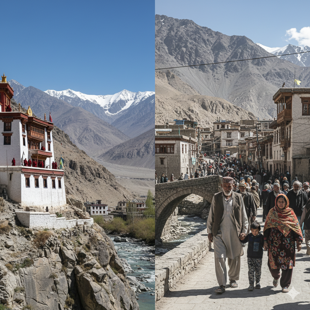 Buddhist monastery and traditional Ladakhi street scene, representing cultural diversity