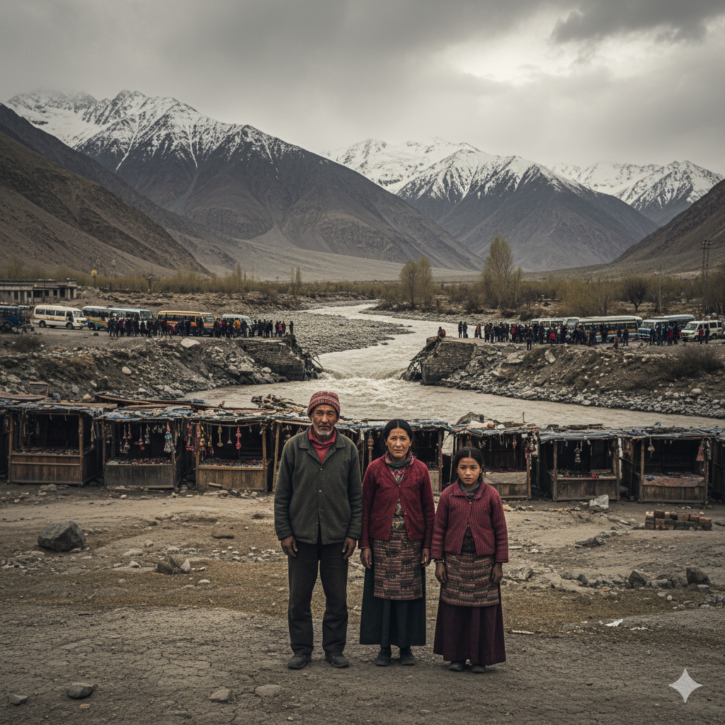 Ladakhi family in front of damaged infrastructure and stalls, showing economic impact
