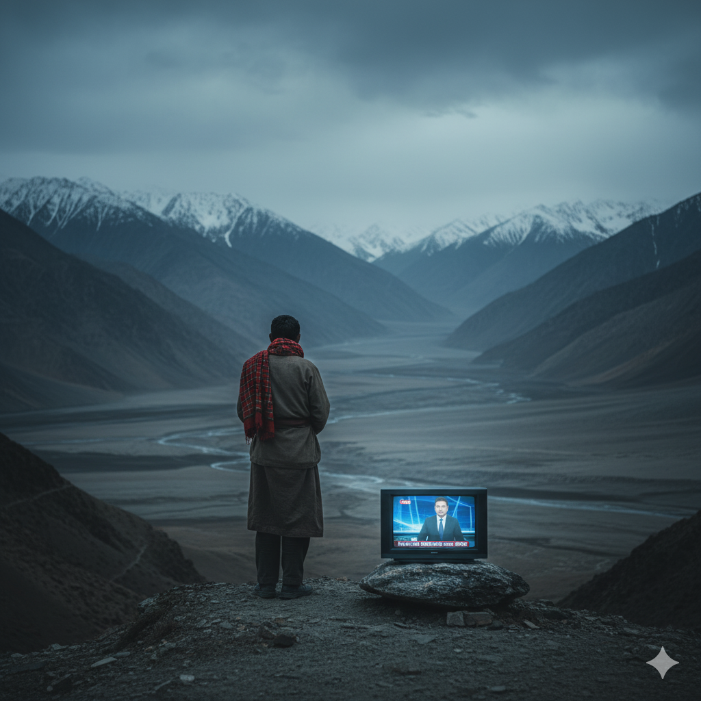 A lone Ladakhi watching a news broadcast on a TV amidst a vast mountain landscape