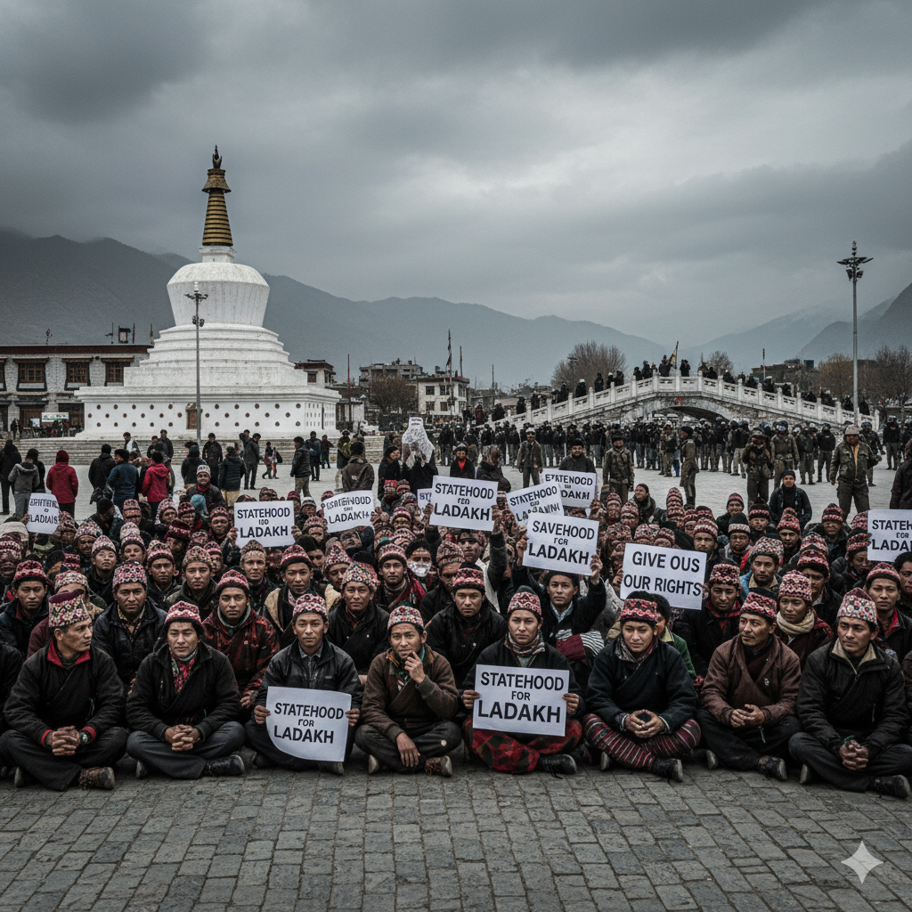 A protest in Leh, Ladakh, with local residents holding signs for statehood