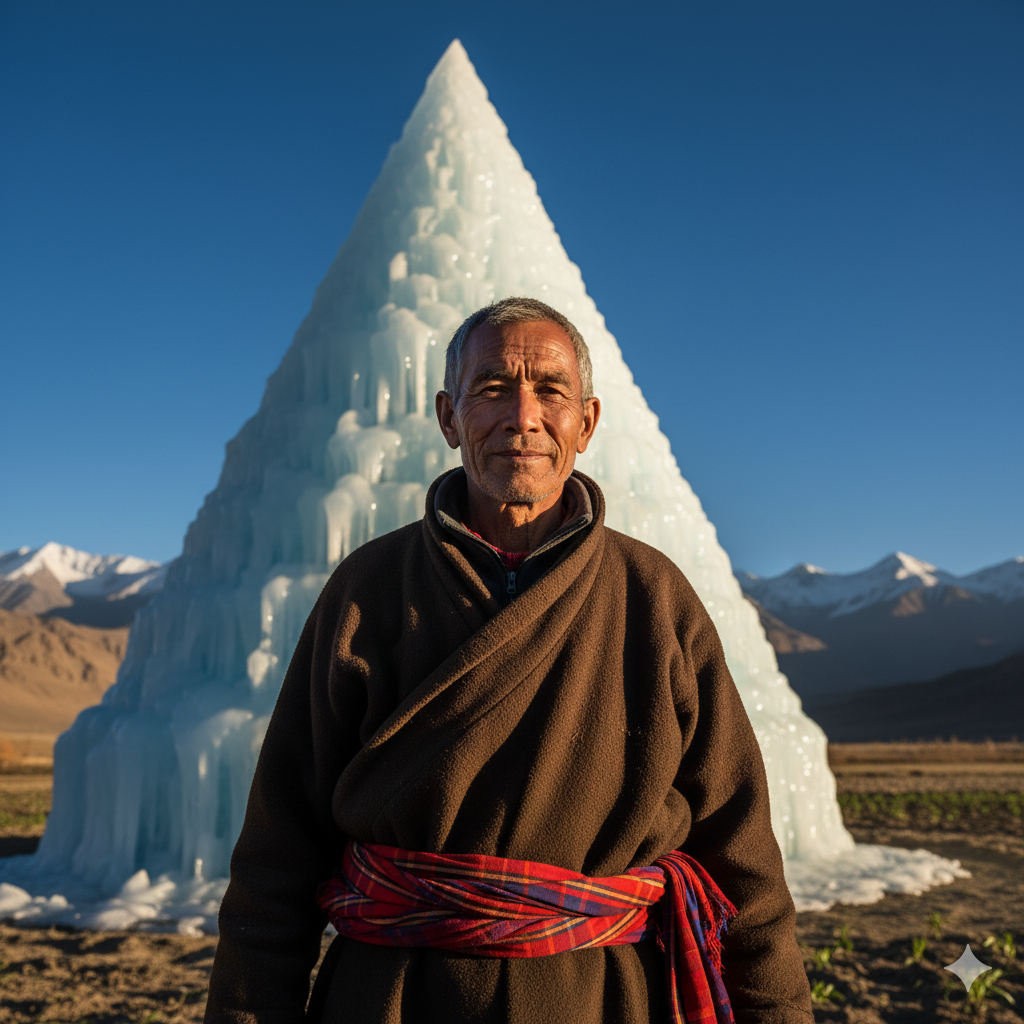 Portrait of Sonam Wangchuk with an Ice Stupa in the background